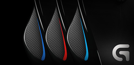 Three mice with user configured lighting; deep blue, red and medium blue