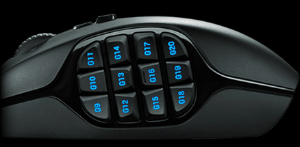 G600's dual dish thumb buttons left side close up