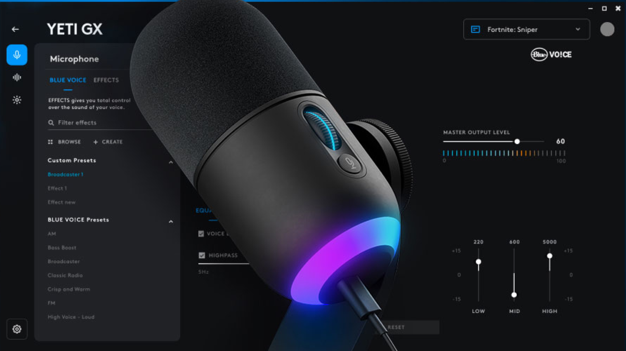 Logitech G HUB Blue Voice interface screenshot